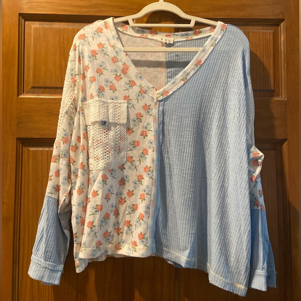 New! Oversized POL Floral and Blue Patchwork Women's Top